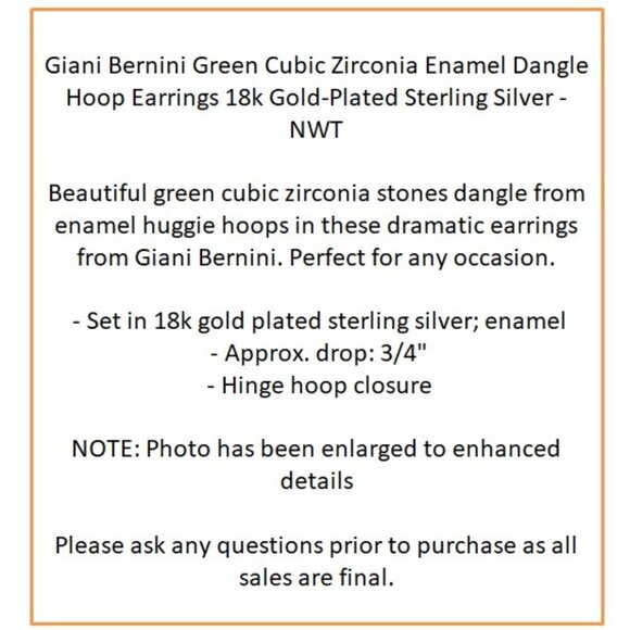 Giani Bernini Green Cubic Zirconia Dangle Hoop Earrings 18k Gold-Plated Silver - Picture 5 of 6